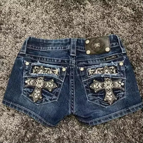 Summer Gothic Retro Cross Hot Diamond Jean Shorts Hot Sexy Girl Y2k Biker Shorts Women Harajuku Hip Hop Tight Booty Shorts